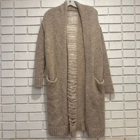 Current Elliott Long Slash Pocket Open Front Alpaca shredded Cardigan beige 1 /S - Picture 2 of 11